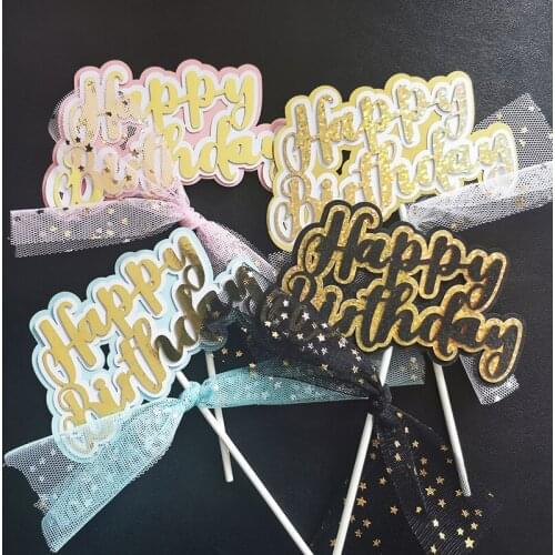 1PC Happy Birthday Cake Letter Star lace Bowknot Cupcake Topper For Boys Birthday Party Cup Cake Toppers Decorating Supplies