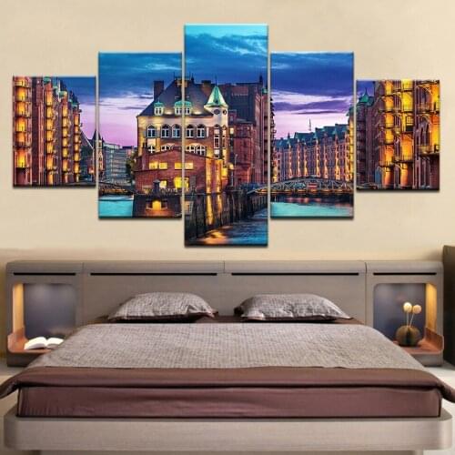 5 Panel Canvas Print Germany Hamburg City sunset Night river bridge landscape living Room home wall art decor wood frame posters