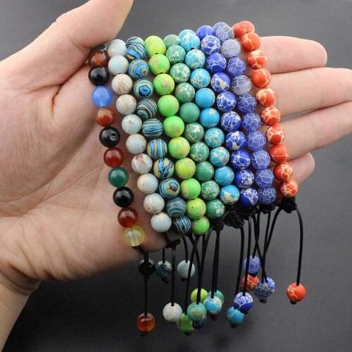 8mm Natural Map Stone Beads Bracelet Braided Rope Adjustable Black Matte Charm Healing Balance Beads Yoga Bracelet For Men/Women