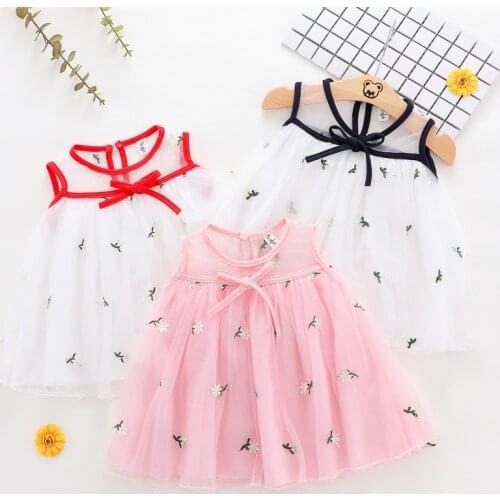 Childrens Wear Summer New Girl Baby Sleeveless Mesh Dress Childrens Pure-colour Small Fresh Embroidered