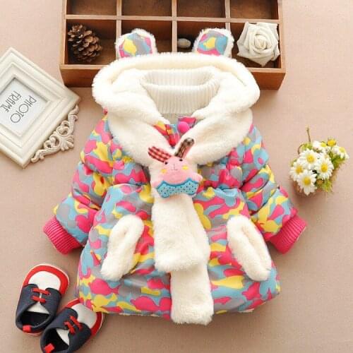 Children Winter Cotton Jacket for Girls Baby Cute Rabbit Ears Hooded Scarf Jacket Camouflage Coat Kids Down Parkas 1-3 Year Old