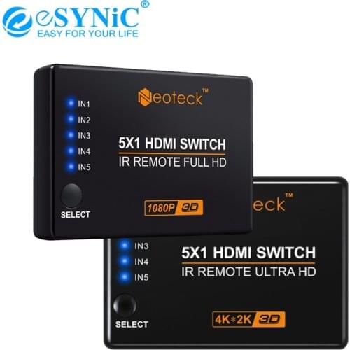 ESYNiC 4K 1080P 5 Port HDMI Switcher With USB Power Cable+IR Remote 5 Input 1 Output 3D 1.4/1.3 HDMI Splitter DVD HDTV Switcher