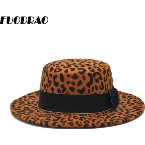 FUODRAO New Classic Leopard Flat Top Bowler Hats Wool Fedora Hat Women Wide Brim Jazz Cap Classic Vintage Panama P31