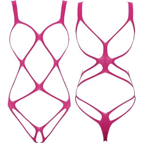 IEFiEL Sexy Women One-piece Bodysuit Hollow Fishnet Lingerie Open Cups Crotchless Bodystockings See-through Stretchy Nightwear