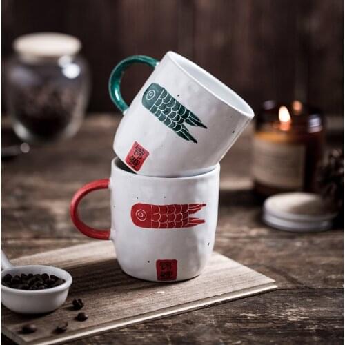 Lucky Koi Mugs Handmade Ceramic Coffee Cups for Lovers with Handles The Koi Will Bring Good Luck To The Transfer Glass Bottle