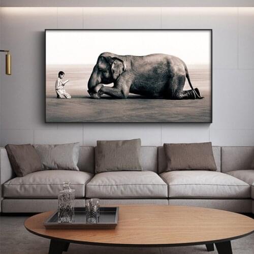 Boy Tell a Story to Elephant Art Painting on Canvas Posters and Prints Black and White Wall Art Picture for Living Room Decor