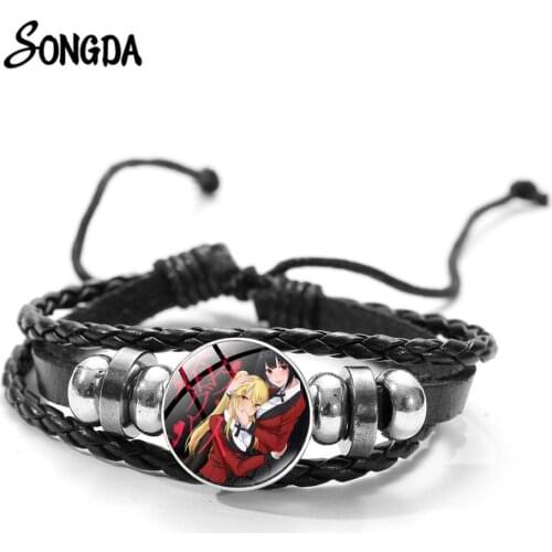 Manga Kakegurui Bracelets Multilayer Adjustable Black PU Leather Punk Wristband Unisex Fashion Jewelry Womens Bracelets