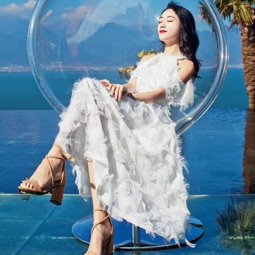 Lolita cute Strapless Super Fairy Tassel Feather Halter dress female high waist off the shoulder sleeve petal Dress wj2138