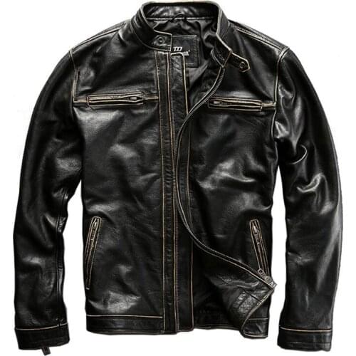 Mens Genuine Leather Jacket Top Layer Cowhide Distressed Frayed Youth Motorcycle Leather Coat Fashion Cowhide Jacket Male
