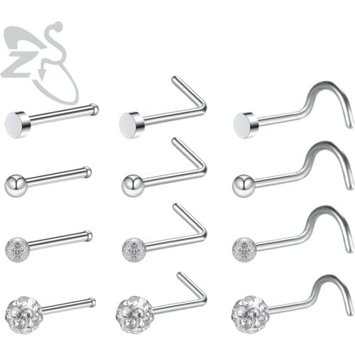 ZS 8pcs/lot 20G Silver Color Nose Piercing Set Stainless Steel Nose Studs 2/3MM Round CZ Crystal Gem Nose Rings Piercing Jewelry