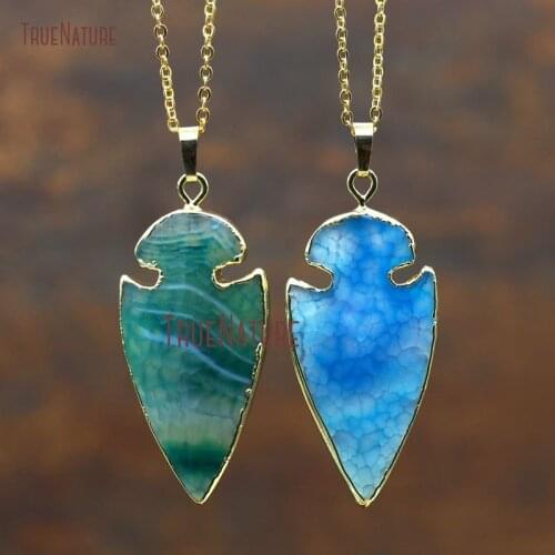 Wholesale Frosted Crackled Agates Pendant Necklace Gold Electroplated Long Chains Agates Arrowhead Necklace In 18 Inch NM7958