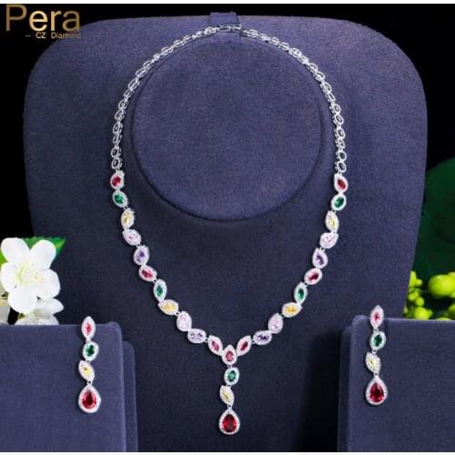 Pera Noticeable Multicolor Cubic Zirconia Long Water Drop Earrings Necklace Sets Wedding Bridal Dress Jewelry Accessories J457