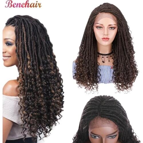 Benehair 25Inch Goddess Faux Locs Wig With Curly Ends Black Wine Red Brown Synthetic Lace Front Wig Twist Braiding Hair Daily