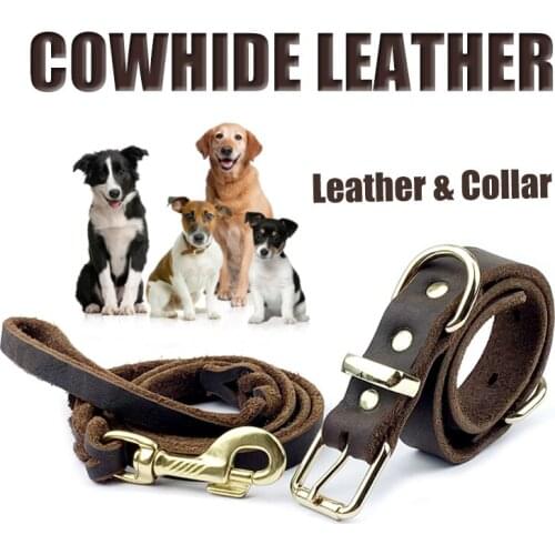Dog Leash And Collar Set Cowhide Leather Leash Dog Collar Leather Handmade Durable Puppy Traction Rope For Dog Accessories