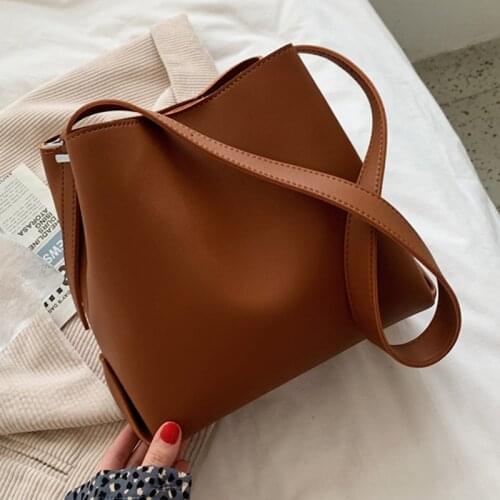 Simple PU Leather Bucket Bag Crossbody Bag 2021 Luxury Solid Color Shoulder Bag Female Travel Bag