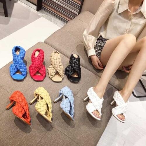 Sexy Thin High Heels Fashion Ladies Gladiator Sandals Weave Open Toe Slip on Rome Slides Women Dress Shoes