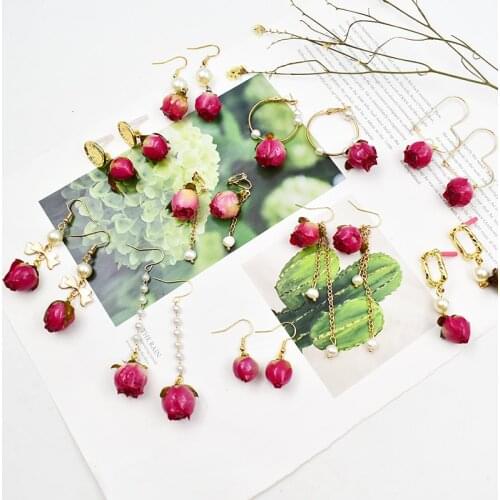 1Pair Natural Dried Flower Earrings Gold Pink Rose Petal Women Drop Earring Party Real Dry Flower Jewelry