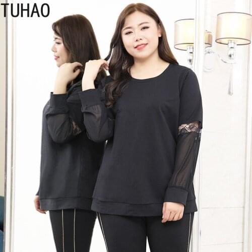 TUHAO 2020 Spring Plus Size 10XL 8XL 6XL Womens Black Office Lady Blouse Shirt Lace Sleeve Patchwork Female Shirts Top WM16