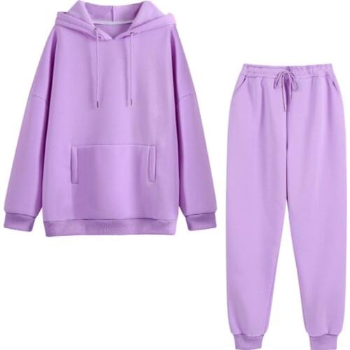Women Autumn Winter Hooded Suits Solid Thick Fleece Casual Loose Pocket 2 Pieces Sets Long Sleeve Sweatshirt and Pants Suits