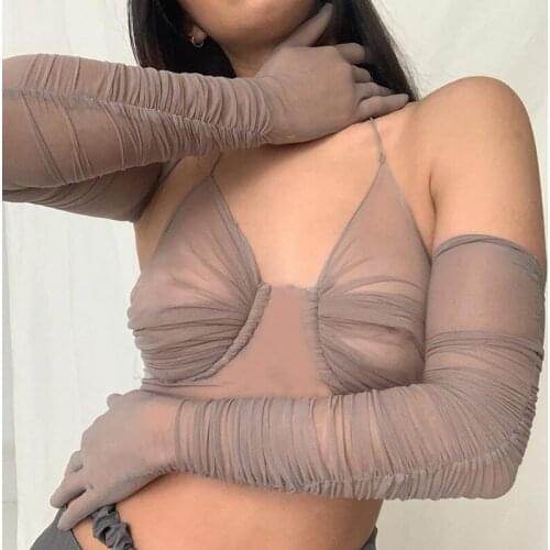 Women Camis Mesh Sexy 2021 Spring Halter Bandage Deep V Neck Backless Ruched Tank Crop Top High Street Sexy Clubwear Vest