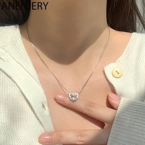 ANENJERY 925 Sterling Silver Inlaid Zircon Heart Necklaces for Women Simple Clavicle Chain Accessories Wholesale