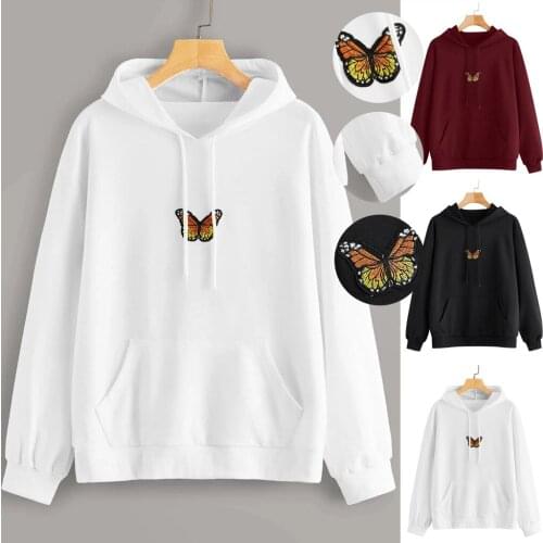 S-2XL Trendy Harajuku vintage Women Solid Colour Hoodie Butterfly Embroidery Sweatshirt Long Sleeve Pocket Pullover Tunic Jumper