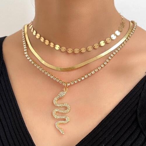 Vintage Crystal Animal Snake Tennis Chain Pendant Necklaces for Women Multilayer Snake Chain Choker Necklaces Statement Jewelry