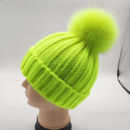 Chidrens Real 15cm Fox Raccoon Fur Pom pom Knitted Beanies Caps Winter Kids Boys Girls Casual Skullies Hats Bonnet Homme