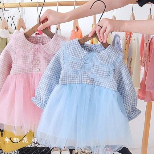2021 Sweet Spring Girls Kids Dress Long Sleeve Mesh Ruffle Children Baby Infants Princess Party Plaid Dresses Vestidos S11914
