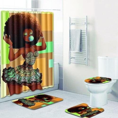 Waterproof fabric blowing bubble gum curly African women shower curtains and carpet 3 piece set sexy skirt girl bathroom curtain