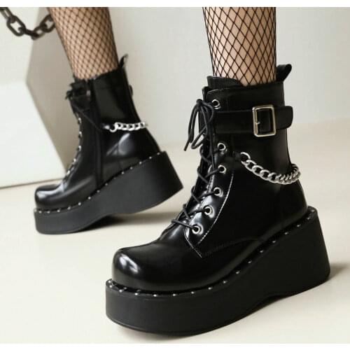 Fashion Chain Martin Boots Spring Autumn Platform Women Boots Wedges Heel Ankle Boots Buckle Zipper Winter Woman Shoes Black