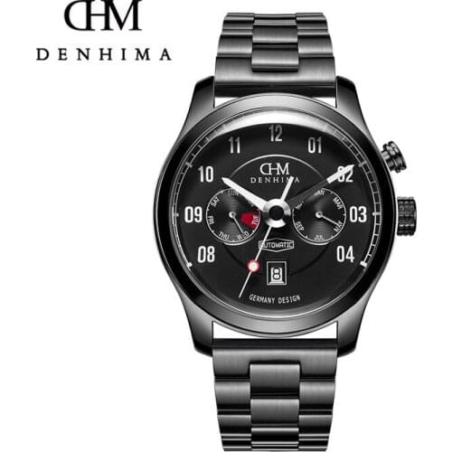 DENHIMA Locomotive series Mens Mechanical Watch Sapphire Glass Waterproof Military Automatic Watches Steampunk Sport Watches