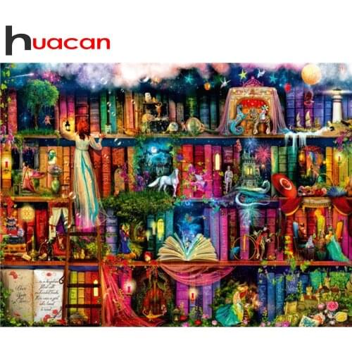 Huacan 5d DIY Diamond Embroidery Kits Cross Stitch Bookshelf Animal Diamond Painting Full Square Mosaic Portrait Landscape New