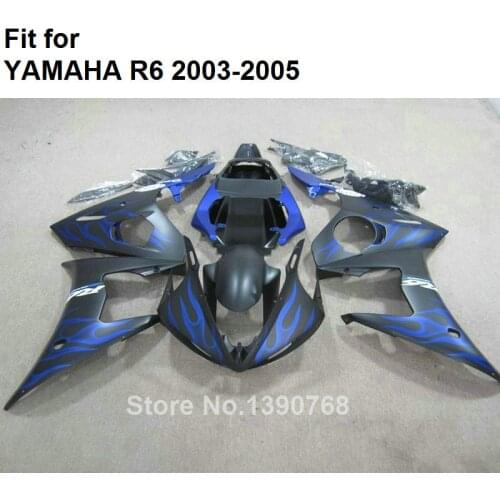 Top Selling Motorcycle Fairing Kit For YAMAHA Blue Flames Matte Black R6 2003 2004 2005 Fairings Set YZF R6 03 04 05 HZ69