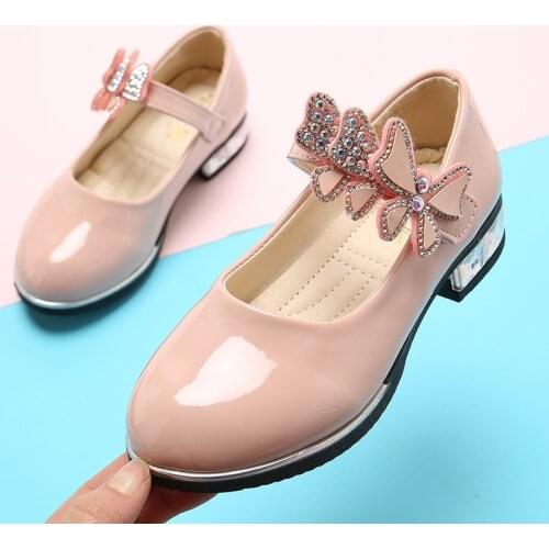 New Bowknot Rhinestones Shoes Spring Autumn Kids Girls Leather Shoes Student Dance Wedding Party Baby Girls Flat Shoes D08