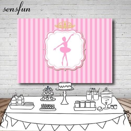 Sensfun Pink Stripes Ballerina Party Backdrop Gold Crown Girls Birthday Party Backgrounds For Photo Studio 7x5FT Vinyl