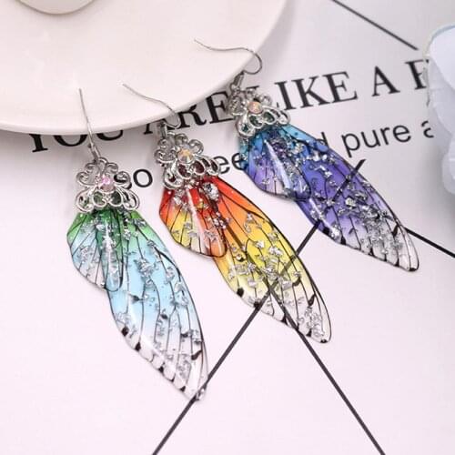Fairy Tale Cicada Wings Femme Wing Drop Earrings Silver 1Pair Crystal Drop Earring Handmade Golden Rhinestone Earring