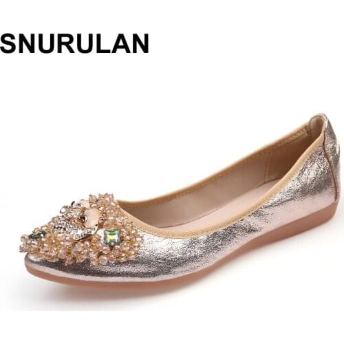 SNURULAN New Women Crystal Ballet Flat Folding Shoe 2017 Casual Rhinestone Soft Driving Flat Dancing Egg Rolls Boat Shoes Loafe
