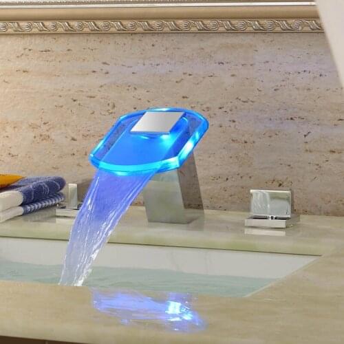 Azos Split FaucetDiscoloration Waterfall Brass Chrome Cold and Hot Switch Temperature Control LED Shower Room Basin Hotel Double