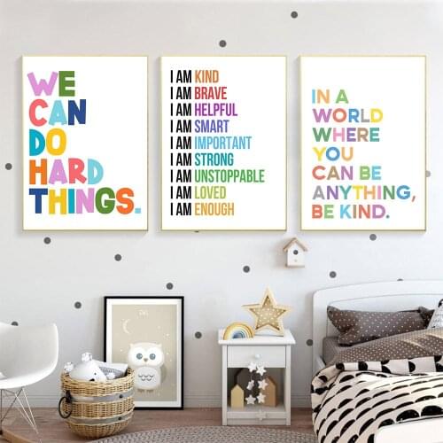 Positive Affirmations Quote Wall Art I Am Kind Canvas Poster Nordic Print Painting Nursery Wall Pictures Baby Kids Room Decor