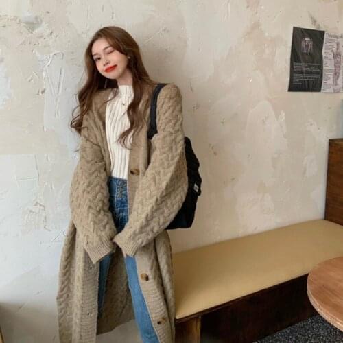 Vintage Casual Long Cardigan Women Streetwear Loose Oversized Button Knit Sweater Coat Autumn Winter Twist Solid Jumper Outwear
