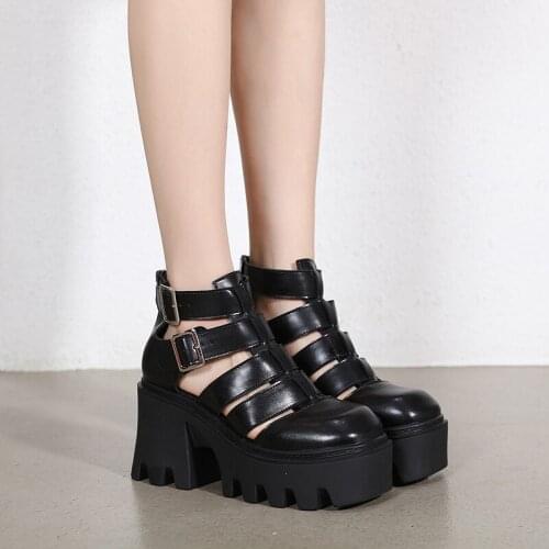 Heels Women 2021 Luxury Women Leather Ankle Boots Summer Mary Jane Shoes Platforms Retro High Heels Pumps Gothic Black Boots