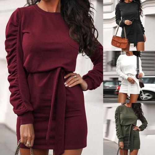 Women Ruched Puff Sleeve O Neck Solid Color Waist Bandage Mini Sweatshirt Dress