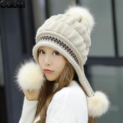 Winter Women Three Ball Jacquard Wool Plus Velvet Earmuffs Toe Cap Simple Sweet and Lovely Thick Warm Knitted Winter Hat ZZ-209