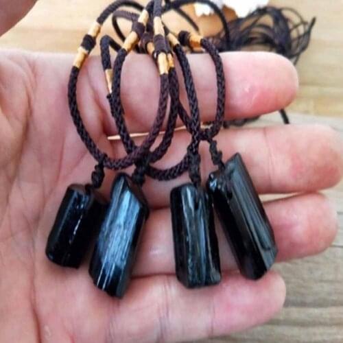 1 Pcs Natural Black Tourmaline Retro Crude Gemstone Pendant Crystal Hand-Woven Jet Stone Ore Radiation Protection Stone Craft