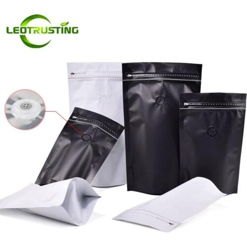 50pcs Side Opening 1/4 Pound~2 Pounds White Black Aluminum Foil Coffee Valve Zipper Bag Stand up Coffee Beans Packing Pouches