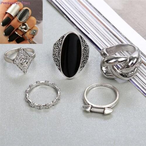 6 Pcs/set newest Vintage Punk Rings new Knuckle Ring Black Stone Feather Pattern Set Jewelry Ring Accessories