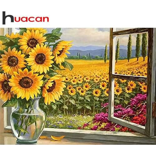 Huacan Diamond Embroidery Complete Kit Sunflower 5D DIY Diamond Painting Window Mosaic Flower Needlework Creative Hobbies