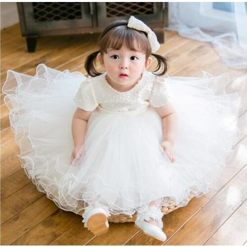 White Lace Baby Girl Dress Beads Tulle Baptism Dress for Kids Princess 1 year Birthday Party Wedding Gown Baby Tutu Clothing