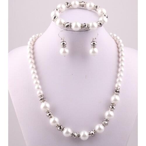 Free drop shipping 10mm beige pearl with crystal glass beads roundle Necklace bracelet earring pearl crystal ball Jewelry sets